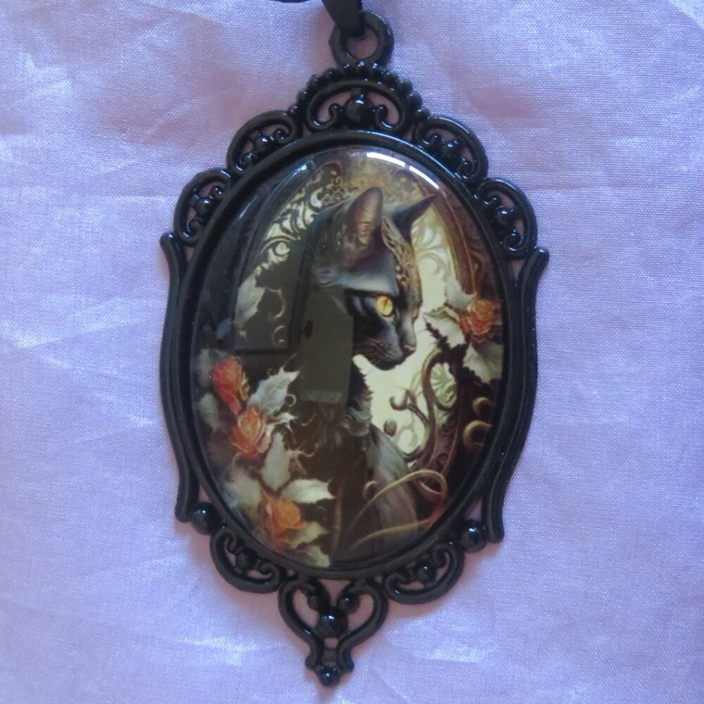 Boho Gothic Black CAT Cabochon Necklace (F61)